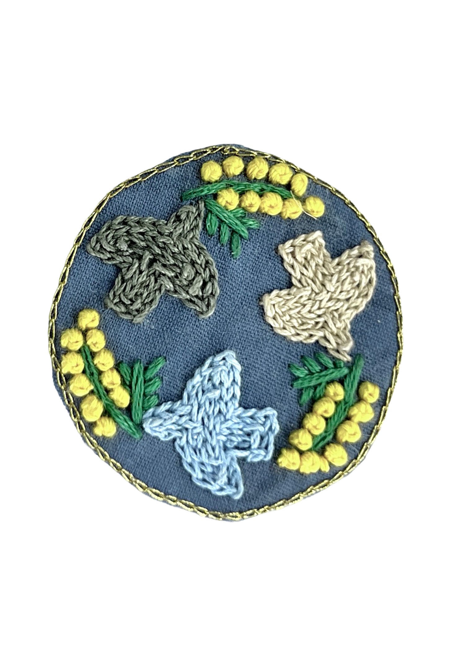 手刺繍ブローチ ミモザ&バード