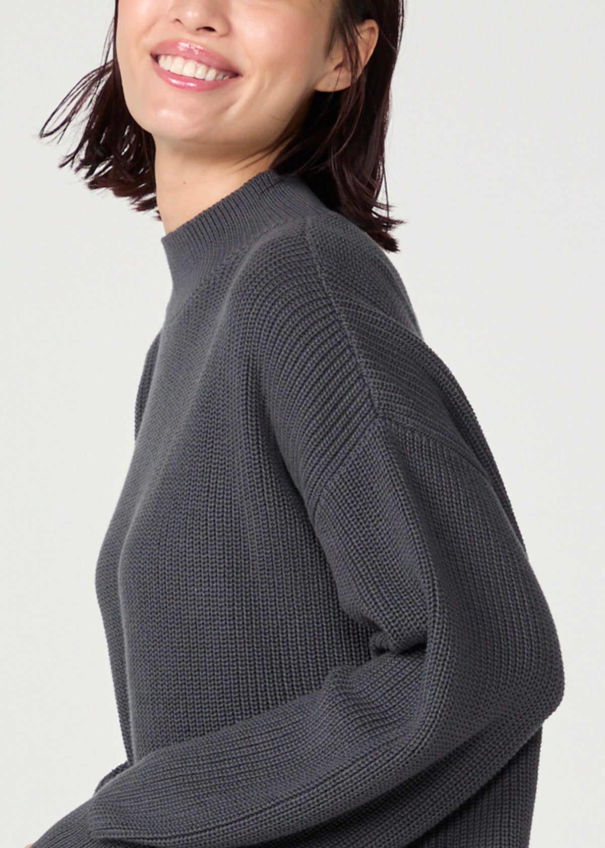 オーガニックコットンニット 片あぜボトルネックプルオーバー