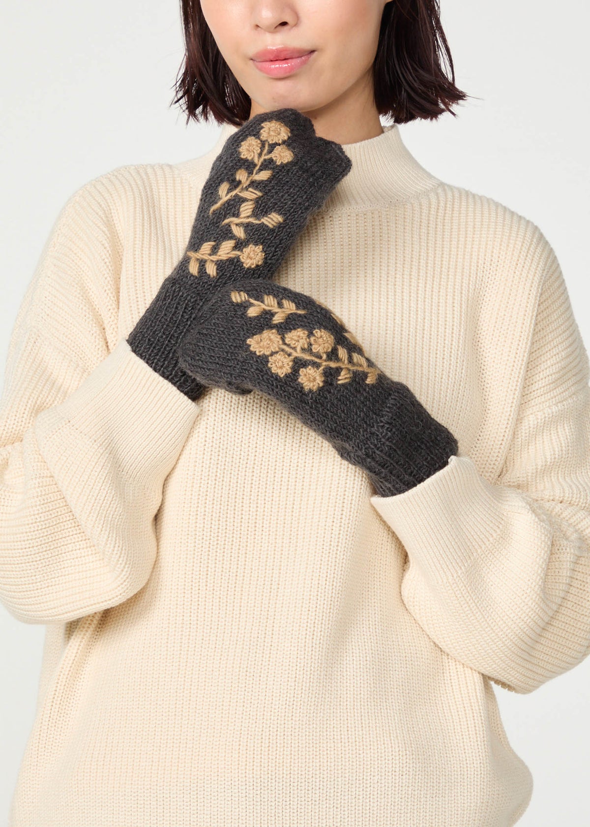 手編み&手刺繍フラワー柄 手袋