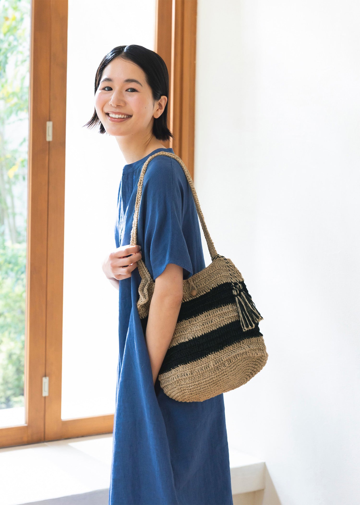 手編みジュート ショルダーバッグ ワイドボーダー